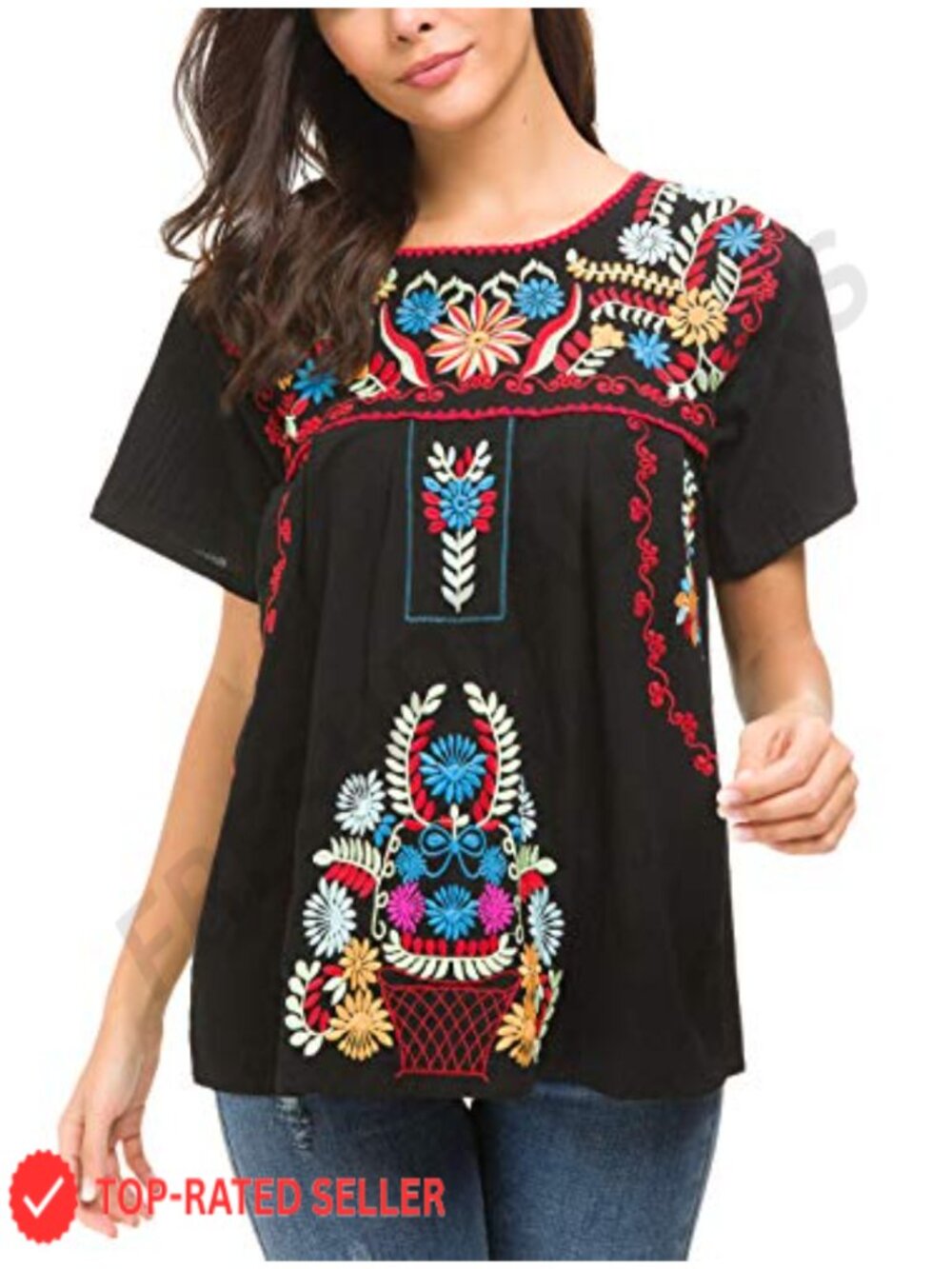 Embroidered Peasant Blouse 100% Cotton Short Sleeve Summer Tunic Top